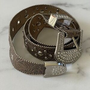 Kathy Van Zeeland Brown Etched Belt Rhinestone Metal Studs Silver Tone Buckle